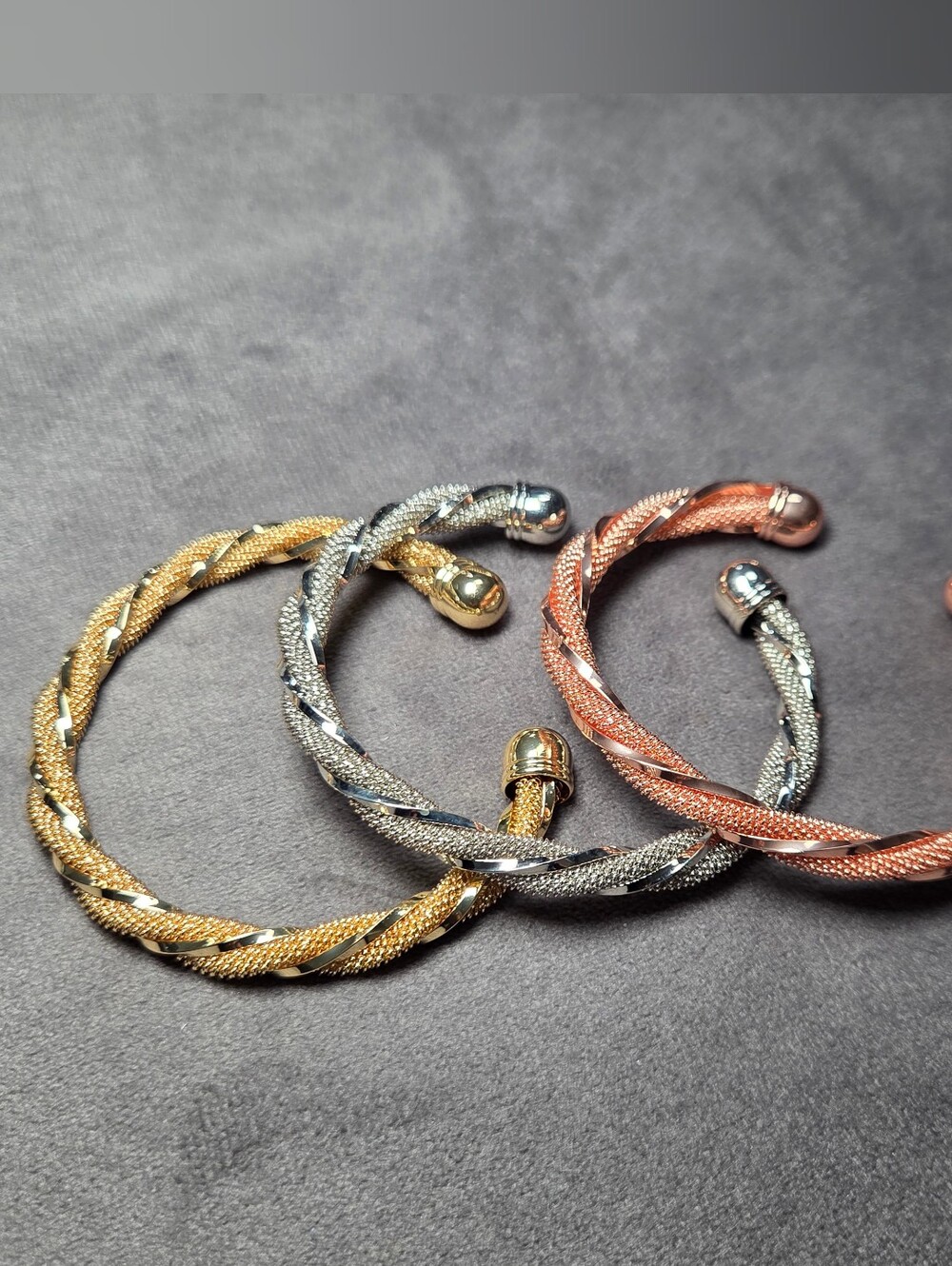 Tri-Color Twisted Mesh Open Cuff Bracelet - Gold, Silver & Rose Gold Tone